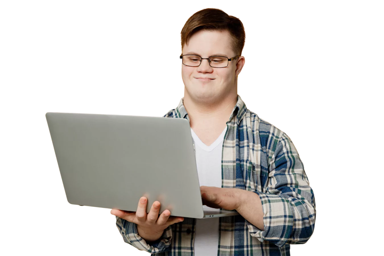A young man with down syndrome is using his laptop to contact Supercare Services